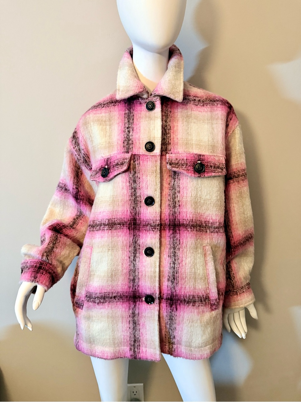 ZARA Pink & Cream Plaid Shacket Size S fits also M-L
